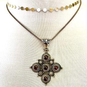 Sterling Silver Red Garnet Ornate Short Necklace